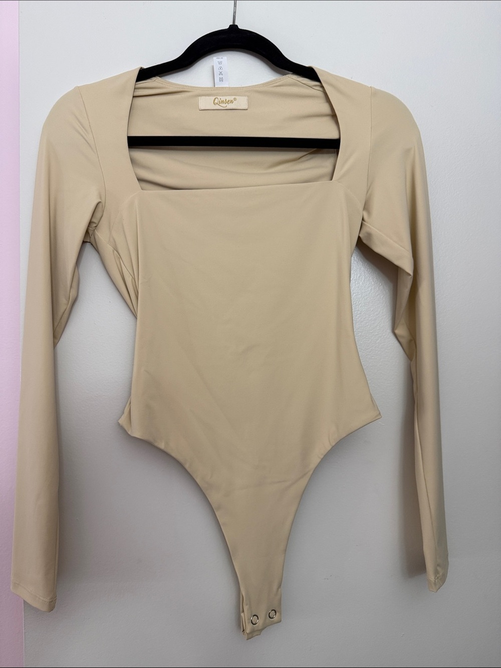 Long-Sleeve Square Neck One-Piece Bodysuit in Beige